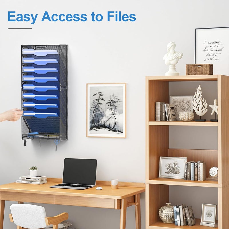 OUTWOLF 10 Tier Hanging Wall File Organizer Wall Mount Paper Document Folder Holder with Hooks for Home Office Organization - Image 2
